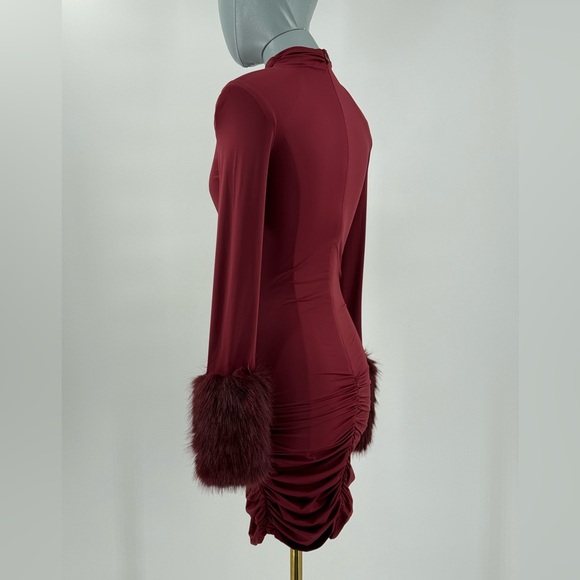 🆕 BRONX & BANCO 🧿 NWOT Eleanor Burgundy Fur Trimmed Mini Dress, Sz XS US 2 - Picture 8 of 17